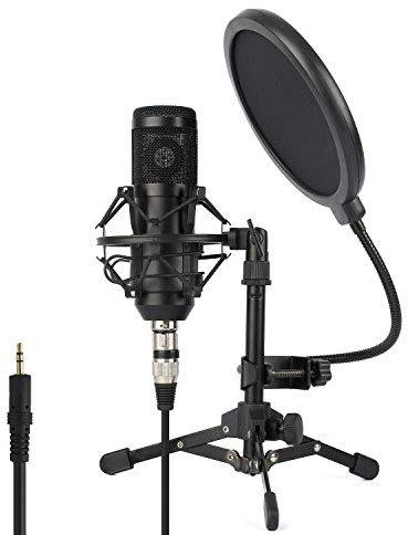 ZINGYOU Condenser Microphone ZY-801+, Professional Studio Microphone include Sound Card, Desktop Cardioid Condenser Mic, PC Recording and Broadcasting (Matte Black)
