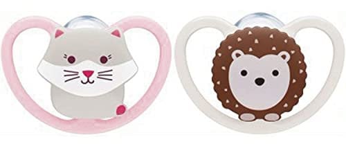 NUK Space Babyschnuller 0-6 Monate, Schnuller mit extra großen Öffnungen für empfindliche Haut, BPA-freies Silikon, Fuchs, 2 Stück