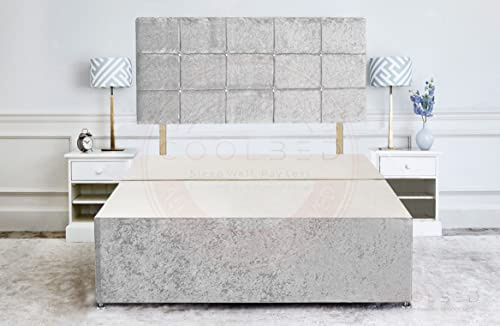 Silver Crushed Velvet Divan Bed Base Single Double King-size Frame and 20” Cube Headboard for Beds (SILVER, 4FT - O DRAWER)