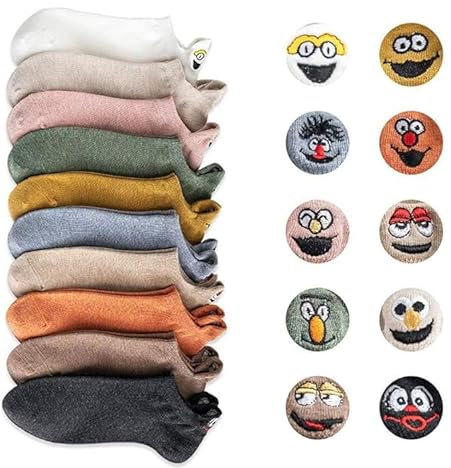 Flow.month Söckchen lustige Socken Damen Herren witzige Strümpfe,10 Paare Cartoon Stickerei Ausdruck Smiley Socken Unsichtbare Bootssocken, Einheitsgröße(a11)
