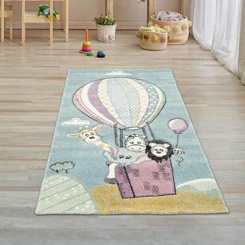 Kinderteppich Spielteppich Teppich Heißluftballon Tiere in Pastell blau Größe 80x150 cm