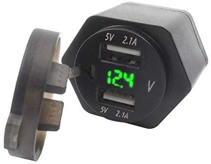2.1A +2.1A Dual Motorcycle Hella (DIN) Socket to USB Adaptor (Mini) mit Voltmeter 12V, kompatibel mit BMW Motorrädern USB-Zigarettenanzünder-Adapter EU Stecker (Grün)
