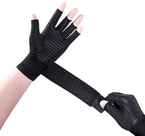 Thx4COPPER Kompression Fingerloser Arthritis Handschuhe mit Elastische Riemen, für Karpaltunnel, Sehnenentzündung, Handschmerzlinderung,Unisex-1 Paar Schwarz, L/XL
