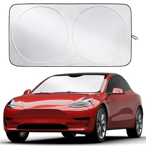 EcoNour Windshield Sun Shade for Tesla Model 3/Y 2017-2026(Fit Model Y Juniper 2025-2026/Model 3 Highland 2024)Upgraded Foldable Sunshade, Window Sun Visor Protector, Blocks UV Rays Keep Your Car Cool