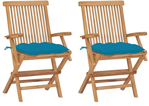 vidaXL 2X Teak Massiv Gartenstuhl mit Hellblauen Kissen Armlehnen Klappbar Gartenstühle Klappstuhl Klappstühle Stuhl Stühle Holzstuhl Gartenmöbel