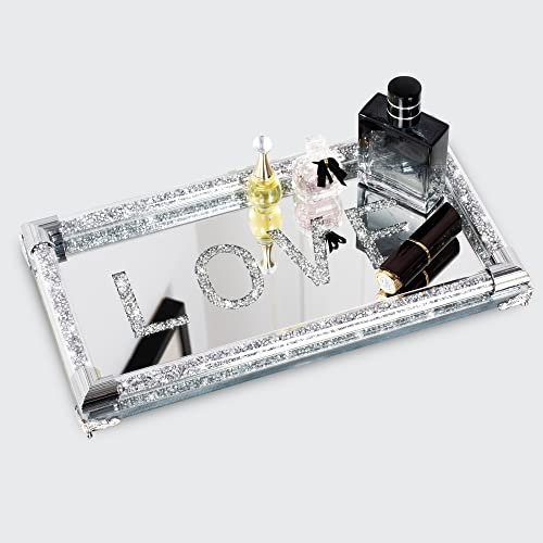 SHYFOY Vassoio Decorativo a Specchio con Diamanti in Cristallo, Vassoio per Gioielli Rettangolare in Argento, Vassoio per Profumi in Vetro Vintage, Organizer per Vanità da Bagno per Comò, 32CM