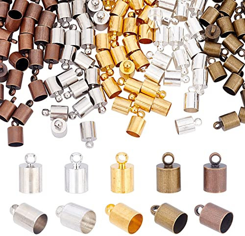 SUNNYCLUE 1 Box 150 Stück 5 Farben Messing Schnurenden Messingkappen Zum Einkleben Endschnur Quaste Zubehör Perlenkappen Lederband Finding Kit Tube Barrel Loop Verschluss Für Armbänder Schmuck DIY Cra