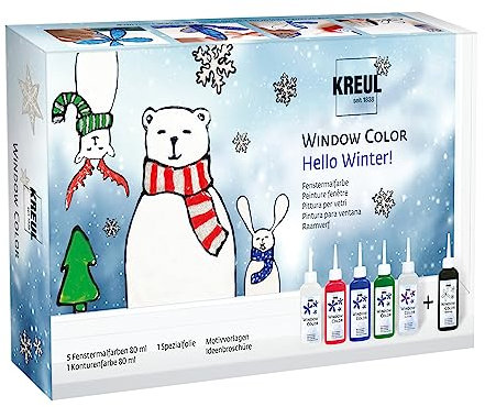 KREUL 42853 - Window Color Set Hello Winter, 6 x 80 ml peinture pour fenêtres, inclus contour noir, set complet avec couleurs brillantes, paillettes et modèles