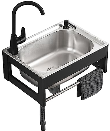 Edelstahl Wandmontage Waschbecken, Waschbecken, Ausgussbecken, Spülbecken mit Armatur, Rechteckig Haushaltsspülbecken, für Keller Garage Garten Waschküche (48x35x21cm)