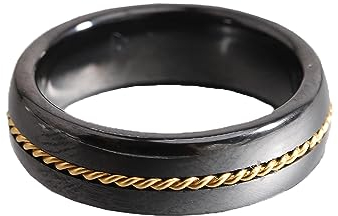 PAMTIER Damen Paar Keramische Intarsien Gold Kette Ring Personalisierte Paar Band Ring Schmuck Schwarz Größe 54 (17.2)