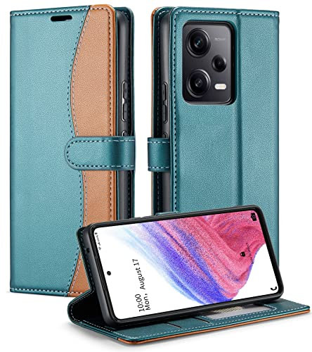 Casecret Handyhülle für Xiaomi Redmi Note 12 Pro+ Plus 5G Hülle Premium Leder Klappbar Flip Wallet Magnet Kartenfach Klapphülle RFID Schutzhülle Lederhülle für Redmi Note 12 Pro+ Plus Grün und Braun