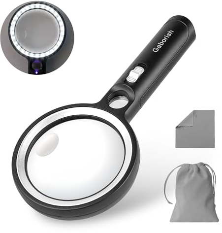 GABORISH Lupe mit Licht, 10X 20X 45X Handlupe mit Licht, Magnifying Glass mit 30 LED und 1 UV-Licht, Vergrößerungsglas zum Lesen, Inspektion, Münzen, Schmuck, Erkundung, Leselupe für Senioren Groß