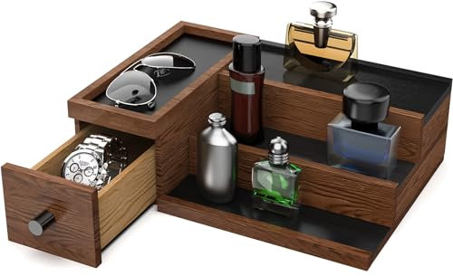 NiHome Handgefertigter Köln-Organizer aus Holz mit mehrstufiger Aufbewahrung für moderne Herren-Zubehör-Organisation, diskrete Fächer für Ihre Wertsachen, elegantes Walnuss-Design für High Fashion