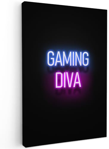 MuchoWow© Leinwandbild 40x60 cm Dekoration Wohnzimmer Bilder Aufhängen Wall Decoration Living Room Wohnungs Deko Moderne Sprüche - Neon - Gaming Diva - Frauen