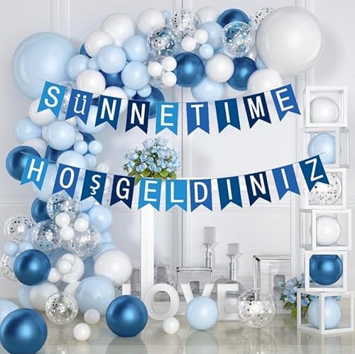 Sünnet Deko, Luftballon Set für Beschneidungsfeier, Luftballon Girlande blau/weiß mit Sünnetime Hosgeldiniz Wimpelkette, sünnet süsleri, Wimpelbanner, Banner,sünnet kiyafetleri, Dekorasyon