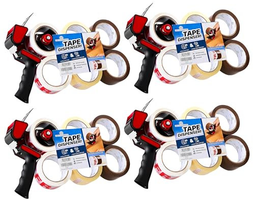 DECO EXPRESS Packaging Tape Dispenser Gun and 6 Rolls Parcel Tape Strong Brown Fragile Clear Heavy Duty for Packing Boxes Moving House Essentials (Dispenser Mixed, 4 Pack)