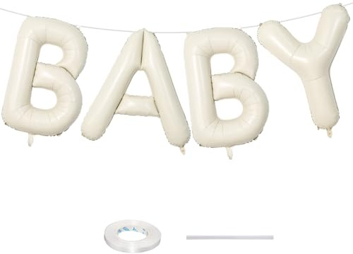 40 Inch Beige Baby Balloon for Shower, Large Cream White Foil Letters With Ribbon, Neutral Ivory Alphabet Mylar Banner Sign for Gender Reveal Backdrop Party Decorations