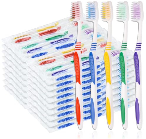 SLequipo 200 Stück Bulk Zahnbürsten, einzeln verpackt, bunt, manuelle Einweg-Reisezahnbürste für Erwachsene, Kinder, weiche Borsten für Reisen, Hotels (5 Farben)