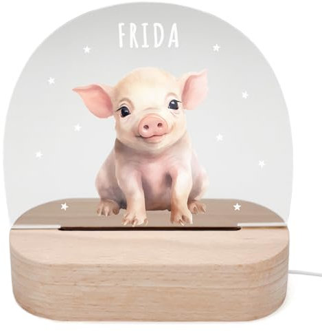 DEL MÀ Unique & Personal Personalisiertes Schwein Nachtlicht Kinder & Babys Babyzimmer Deko Kinderzimmer Nachtlampe Mädchen Jungen Kinderlampe Inkl. Holzfuß & Netzteil