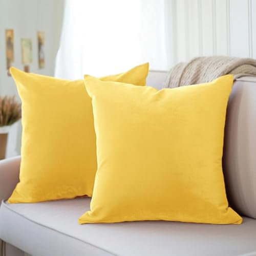 Encasa XO Kissenbezüge aus Samt - 2er-Set (50x50 cm) - Zitronengelb- Uni gefärbt, weich & glatt, waschbar, quadratisch, großer Wurfkissenbezug für Couch, Sofa, Stuhl, Bett und Wohnbereich