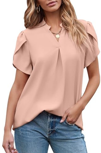 BLENCOT Camicetta da donna elegante, maglietta casual, a tunica, in chiffon, con scollo a V, a maniche corte, S-2XL, rosa chiaro, XXL