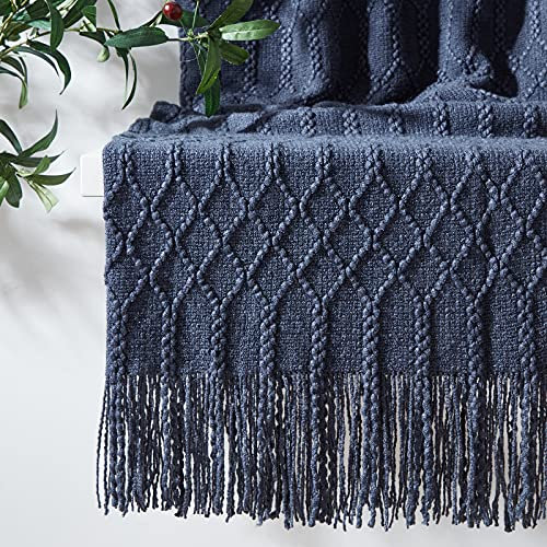 KASYLAN 100% Acrylic Knitted Throw Blanket Textured Solid Soft Decorative Throw for Sofa, Couch, Bed,127x152cm,Navy