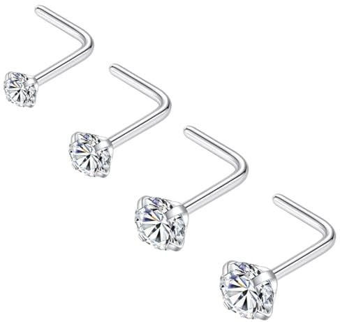 Popuhoops 4pcs 316L Chirurgenstahl 22g/20g/18g Nasenringe Studs Cubic Zirkonia L-Form Nasenstück Piercing Körper Jewerly L geformte Nasenstöcke 1.5mm 2mm 2.5mm 3mm CZ Nasenringe für Frauen Männer