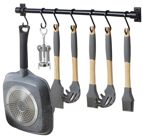 Black Aluminium Wall Mounted Utensil Rack with Movable S Hooks – Heavy Duty Kitchen Rail for Hanging Pots, Pans, Cups, Towels & Utensils – Space Saving Storage Organiser for Kitchen & Bathroom (50cm)