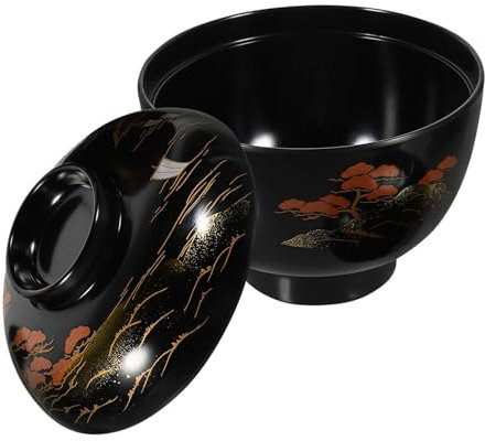 Kichvoe Miso Soup Bowl with Lid, Japanese Melamine Rice Bowl Traditional Ramen Soup Bowl Plastic Lacquer Bowl Kitchen Serving Bowls Appetizer Bowl for Home Kitchen Black