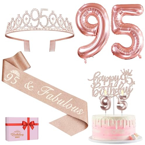 Amosking 95th Birthday Decorations for Women Rose Gold | 95th Birthday Rose Gold Supplies - 95th Birthday Sash, Tiara, Cake Topper, Candles, Balloons, 95 Year Old Gifts for Women