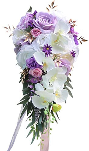 IWOMA Kaskadierender Brautstrauß in Tropfenform, Brautsträuße mit künstlicher Rose, langes Band für Hochzeit, Kirche