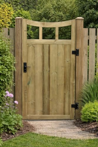 Wooden Curve TVG Garden Gate Pedestrian Gate Wooden Pressure Treated 5ft 150cm,(150cm High x 120cm Wide x 5cm Deep)