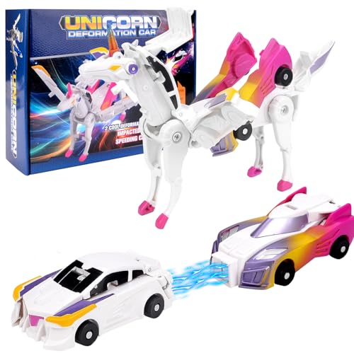 Vibbang 2 Stück Einhorn Roboter, Transformierendes Auto Roboter Spielzeug, Unicorn Cars Spielzeug, Kollision Deformation Kombinierter Roboter, Unicorn Roboters Spielzeugs, Flying Horse Toy Car