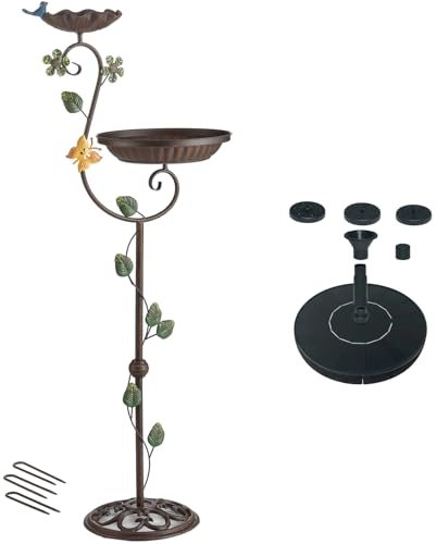 Aifeorzo Vogeltränke mit Solarbrunnen, 111,8 cm hoch, Gusseisen-Sockel, Vintage, Braun