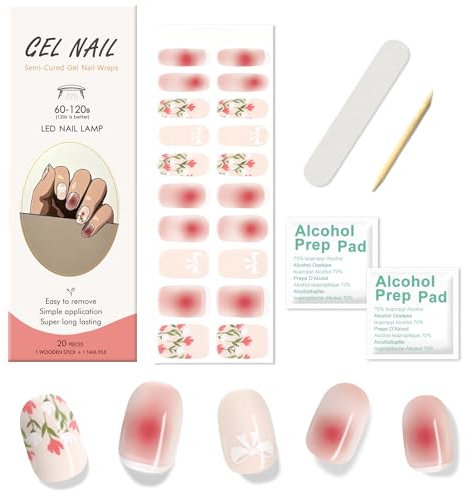 Ceboic 20Pcs Semi Cured Gel Nail Strips, Pink Ombre Gel Nails Stickers Self-Adhesive Long Lasting Full Nail Wraps, Salon-Quality French Tip Stickers for Women Girls - Garden Flowers