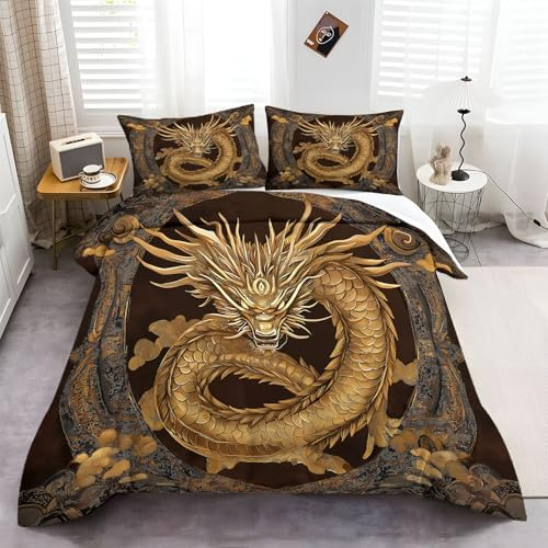 CozyRest Parure de Lit 3 Pièces pour 2 Personnes, Housse de Couette 240x220 cm + 2 Taies d'oreiller, Imprimé Dragon Doré Chinois, Microfibre Hypoallergénique, Confort et Élégance