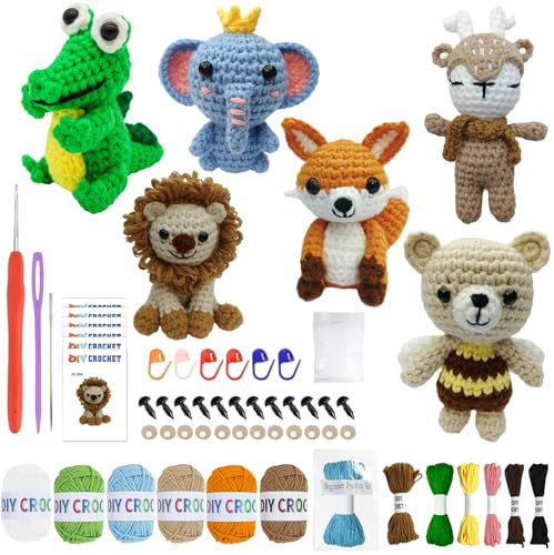6Pcs Crochet Kit für Anfänger, Stricken Starter Pack für Erwachsene und Kinder, großes Geschenk für Crochet Liebhaber, Crochet Animal Kits