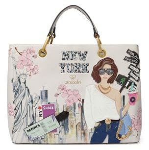 Braccialini Cartoline Handtasche mit zwei Griffen und abnehmbarem und verstellbarem Schultergurt, auf der das fantastische New York abgebildet ist. Mit einem lebhaften Druck und dreidimensionalen