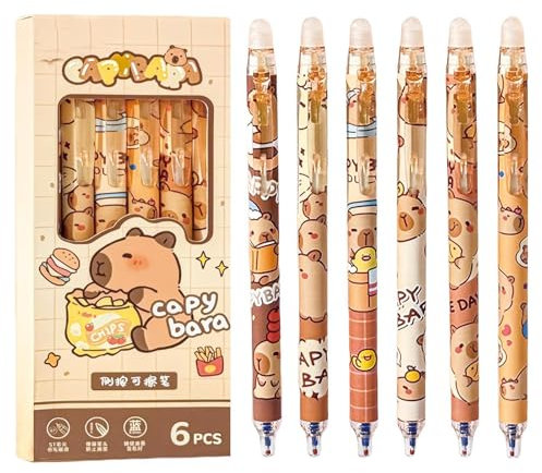 Capybara Stifte, Radierbarer Kugelschreiber, 6pcs Tintenroller Radierbar, 0.5 MM Cartoon Tier Capibara Kugelschreiber Radierbar mit Radiergummi oben für Schule, Büro,Capybara-motto-partygeschenke(B)