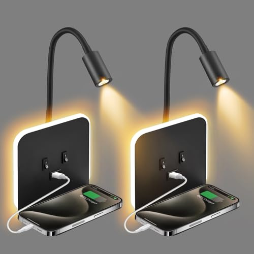 LED Wandlampe, 3W + 9W Leselampe Wandmontage Nachttisch mit Tablett und USB Ladeanschluss und Schalter, 350° Drehbare Schlafzimmer Bettlampe Leselicht Wandleuchte für Korridor Wohnzimmer (02)
