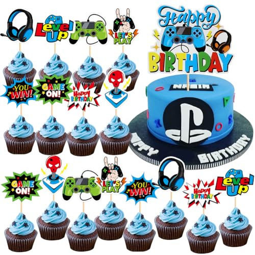 Videospiel Cupcake Toppers, 17PCS Video Game Cake Topper, Happy Birthday Cake Decoration Game Supplies for Children Girls Boys Party Cake Party Geschenk-Blau