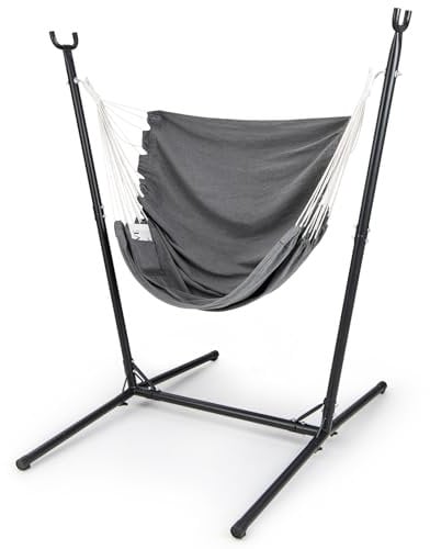 COSTWAY Hammock Chair with Stand, 6-Level Height Adjustable Patio Swing Hammock with Side Pocket, Outdoor Indoor Hanging Chair Seat for Garden Yard (Dark Grey)