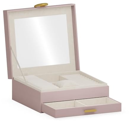 ADEL DREAM Boîte à bijoux à 2 étages avec plateau extensible - Organiseur de bijoux avec grand miroir avec structure DIY - Pour colliers, bagues, boucles d'oreilles, mères et filles - Rose