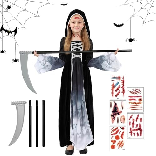 Halloween Costume Mietitore Bambina, Vestito Halloween Bambina Scheletro, Costume Halloween Morte con Falce Adesivi Insanguinati, Costumi Grim Reaper Bambini per Halloween Carnevale Cosplay (S)