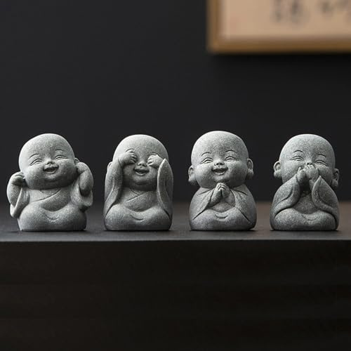 4er Set Buddha Statue Niedliche Kleine Mönch Figuren, Kunststein Feng Shui Deko Buddhafigur, Nichts Hören Sehen Sagen Denken Dekorative Budhastatue Zen Dekofigur für Schreibtisch, Bücherregal Deko