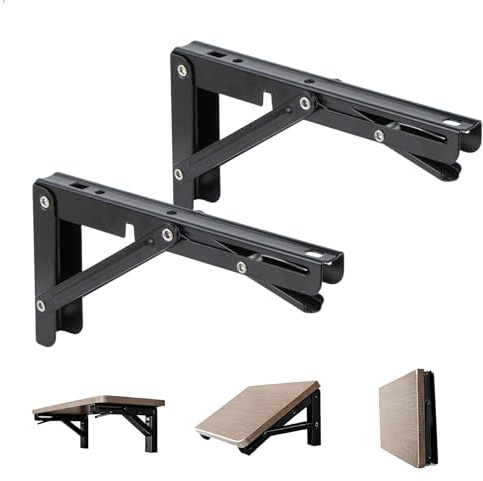 Equerre Pliable, 90 Degrés Équerre Étagère Murale, Support Console Pliable, Support Etagere Murale pour Garage Cuisine Chambre Salle, Métal, 2 Pièces, Noir