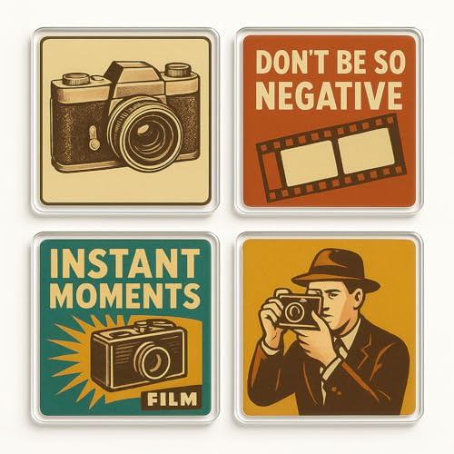 Acrylic Coaster Gift Set of 4 with Vintage Photography Designs - Retro Camera & Film Motifs for Photography Lover Home Decor