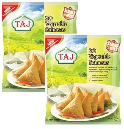 Taj Vegetable Samosa 20's 700g Crispy Golden Indian Snack Filled with Spiced Potatoes, Peas Frozen Ready to Cook Treat No Artificial Colors Pack of 2