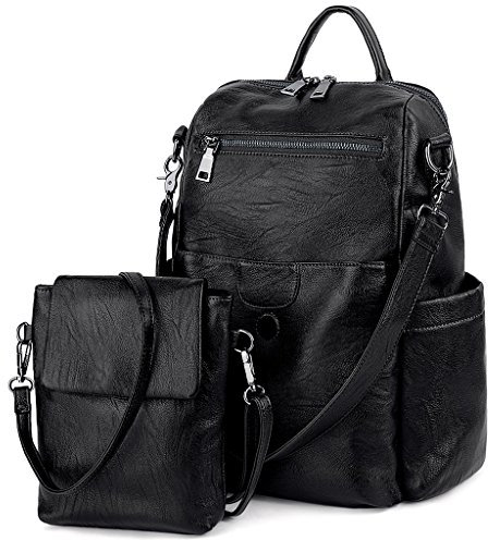 UTO Rucksack Damen Leder mit Abnehmbar Crossbody Schultertasche 2 in 1 Multifunktion Magnetischer Klappdeckel Schule Handtasche Schulrucksack Daypacks Modisch Gewaschen PU Leder Schwarz
