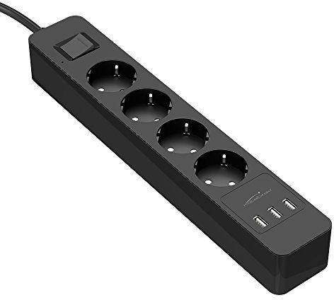 KabelDirekt 4-fach Steckdosenleiste, Mehrfachsteckdose & TÜV-zertifizierte Steckerleiste mit Überspannungsschutz sowie 3-fach USB Ladegerät (max. 4000W/250V/16A mit erhöhtem Berührungsschutz, schwarz)